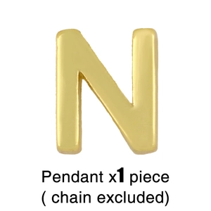 Detail of polished gold letter N pendant with Pendant x1 piece text on white background