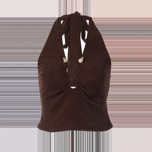 Detailed view of dark brown halter top with metallic shimmer fabric and bead accents