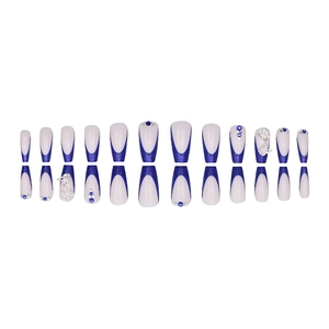 Blue and white French long coffin press-on nails with 3D butterflies and rhinestones