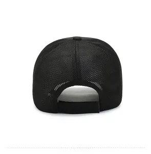 Rear view of black mesh baseball cap showing breathable fabric and adjustable velcro strap