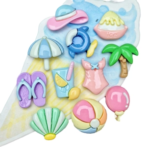 Colorful resin summer charms set featuring beach hats, flip flops and tropical drinks