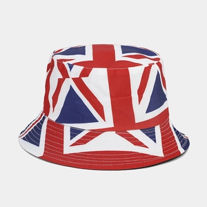 Detail of reinforced stitching on the brim of a Union Jack printed cotton bucket hat