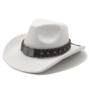 Detail of white suede cowboy hat featuring vintage bull head metal buckle and star studs