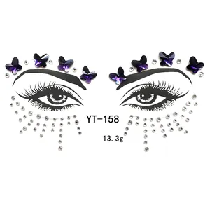 Macro detail of purple butterfly acrylic face jewels with weights and model YT-158 specs