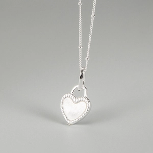S925 sterling silver heart lock necklace with white mother of pearl inlay detail