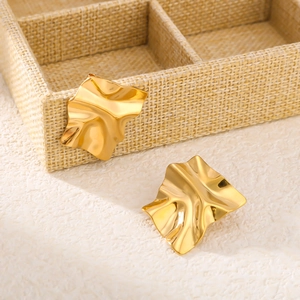 Chic 18K gold-plated stainless steel square earrings with irregular wavy texture for women