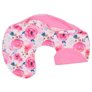 Detail of pink floral nursing pillow cover with soft watercolor roses and solid lining
