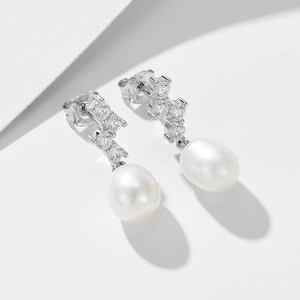 Elegant S925 sterling silver drop earrings with white freshwater pearls and cubic zirconia