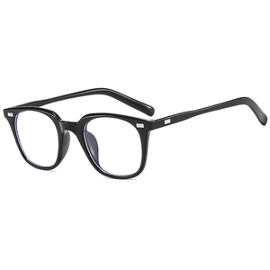 Minimalist black square frames with blue light blocking lenses and silver rivet detail