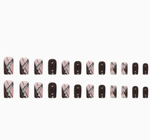 24pcs burgundy and geometric line press-on nails set with glitter and small rhinestones