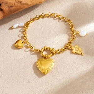 Vintage gold plated stainless steel heart locket bracelet with pearl and floral charms