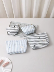 Trousse De Maquillage En Toile Rayée Broderie Nœud Organisateur Cosmétique Portable Pochette De Voyage