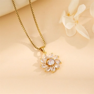 Elegant gold flower necklace with clear zircon pendant on a minimalist box chain