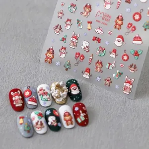 Christmas 3D Relief Nail Stickers Cartoon Santa Reindeer Pattern Embossed Manicure Decals Self Adhesive Festive Winter