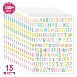 Detail of 15 sheets of macaron letter and number stickers with over 2280 pieces