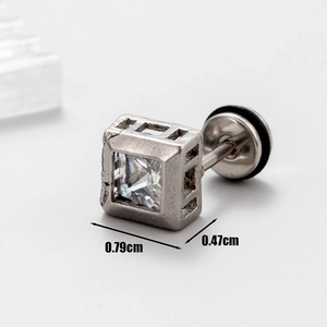 Macro view of square stainless steel stud earring with cubic zirconia and dimensions