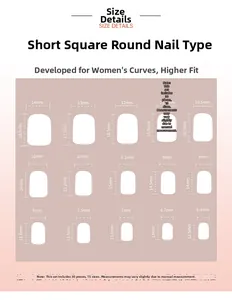 Size chart for 30 short square press-on nails in 15 sizes ranging from 6.4mm to 14mm