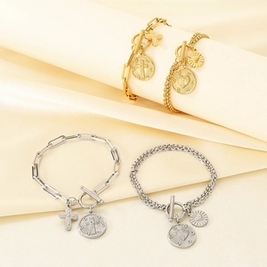 Stainless Steel Paperclip Chain Bracelet With Double Layer Cross Heart Pendants Toggle Clasp Hip Hop Jewelry
