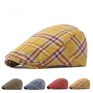Detailed grid layout showing four color options of checked cotton flat caps for summer