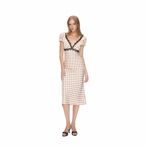 French vintage beige polka dot dress with V-neck lace patchwork and slim fit design