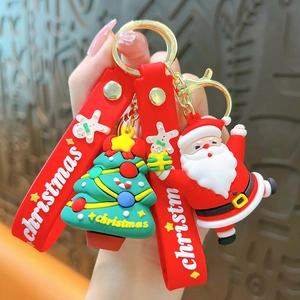 Cute festive Santa Claus and Christmas tree silicone keychain set with red wrist strap