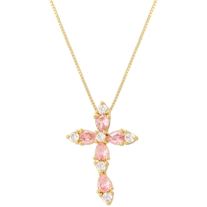Detail of gold cross pendant necklace featuring pink and white sparkling crystals