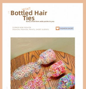 Detailed view of colorful elastic hair bands packed in three transparent plastic bottles