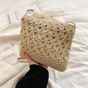 Hollow Flower Straw Woven Crossbody Bag Paper Rope Summer Beach Handcrafted Bohemian Shoulder Pouch For Women