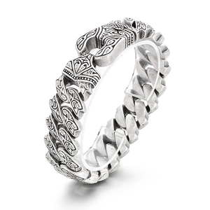 Vintage silver stainless steel mens bracelet with embossed tribal totem chain links