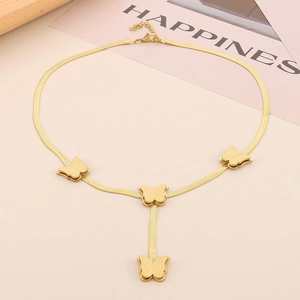 Elegant gold butterfly Y-shaped pendant necklace featuring a flat herringbone snake chain