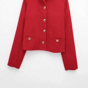 Red tweed jacket for women featuring golden embossed buttons and a woven texture design