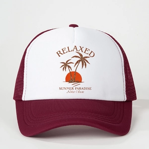Two-tone burgundy mesh trucker hat with sunset palm tree print and Relaxed text