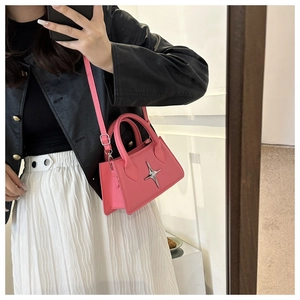 Close-up of pink matte leather handbag with silver star detail and metal hook hardware