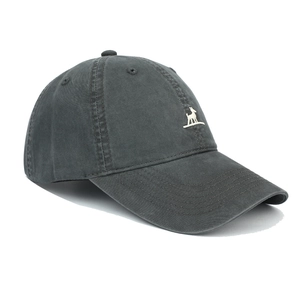 Detailed view of dark grey washed cotton baseball cap with white deer embroidery motif