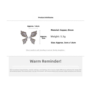 Detailed specs of silver butterfly ear cuff with zircon stones, size 3cm by 1.6cm