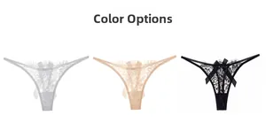 Three-pack of lace thongs in white, nude, and black with floral lace and small bows