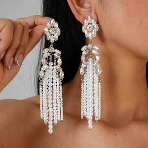 Boucles D'oreilles Longues À Pampilles Fleur Strass Rétro Avec Künstliche Perles D'imitation Et Tige En Argent Bijoux De Luxe Femmes