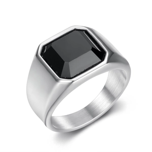 Minimalist stainless steel men's signet ring with a rectangular black gemstone inlay