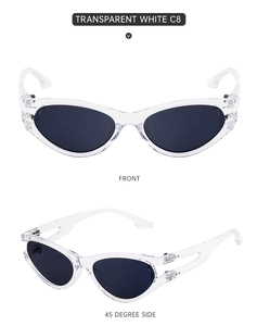 Front and 45-degree angle view of transparent white oval sunglasses with black lenses