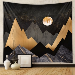 Macro detail of high-quality tapestry showing golden mountain peaks and marble textures