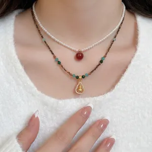 New Chinese Style Double Layer Necklace Copper Zircon Gourd Pendant Tiger Eye Stone Faux Artificial Pearl Vintage Jewelry Women