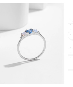 Detailed close-up of S925 sterling silver ring featuring a blue gem and opal stones
