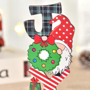 Festive Christmas wooden gnome JOY letter J ornament with red polka dot hat and green wreath