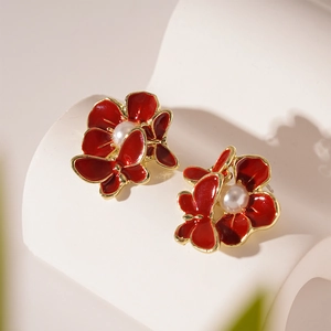 Vintage Red Enamel Flower Butterfly Stud Earrings Alloy Faux Artificial Pearl Elegant Jewelry For Women Silver Earring Post