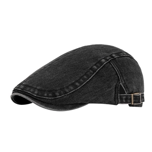 Vintage black washed denim flat cap for men and women with adjustable metal buckle closure
