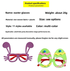 Detailed view of Easter party glasses with purple bunny ears and green egg frame designs