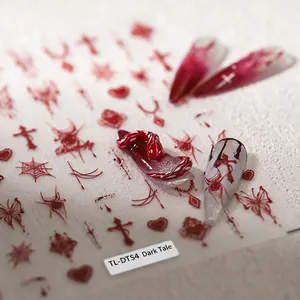 Red Gothic 3D Embossed Nail Art Stickers Butterfly Cross Spider Web Heart Blood Design Self Adhesive Manicure Decoration