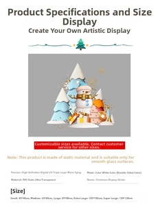 Size chart for Christmas static window stickers showing PVC dimensions from 45cm to 130cm