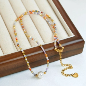 Handmade freshwater pearl and colorful beaded necklace with stainless steel gold clasp