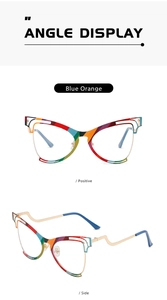 Detail view showing front and side of blue-orange butterfly frame blue light glasses